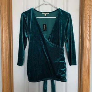 Express Green Ribbed Velvet Faux Wrap Top with Back Tie Detail Size Large